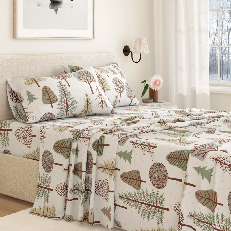 100% Turkish Cotton Winter Flannel Sheet Set, Snowy Forest, Queen with 2 Pillowcases