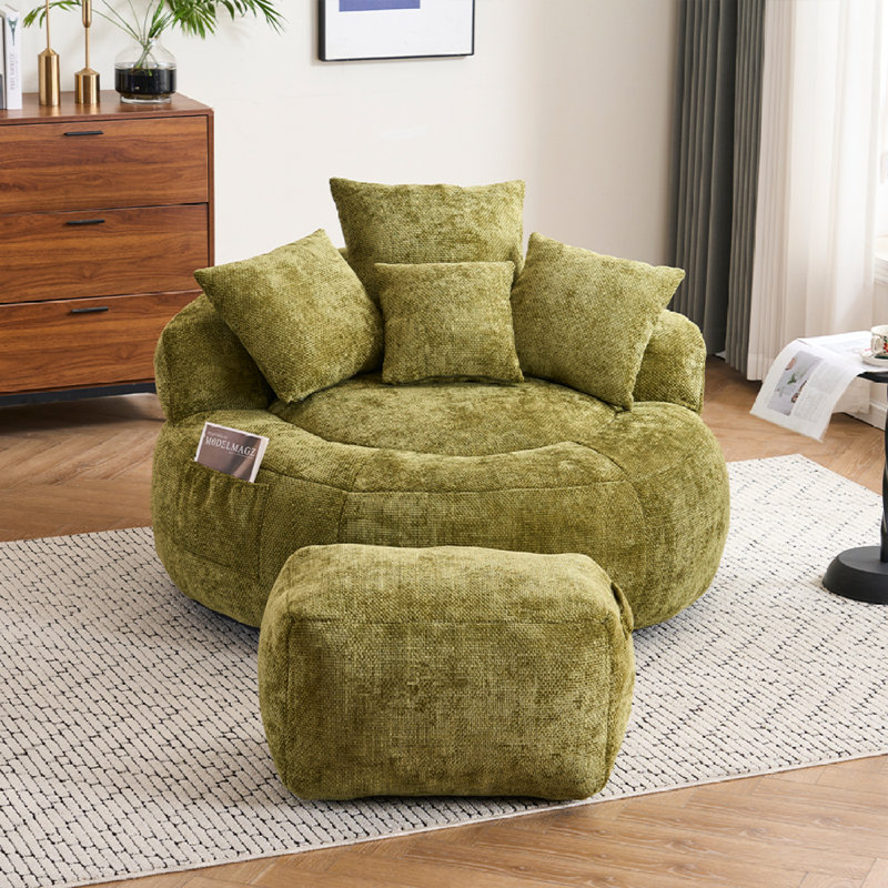Fauteuil à billes avec repose-pieds, Chenille vert olive