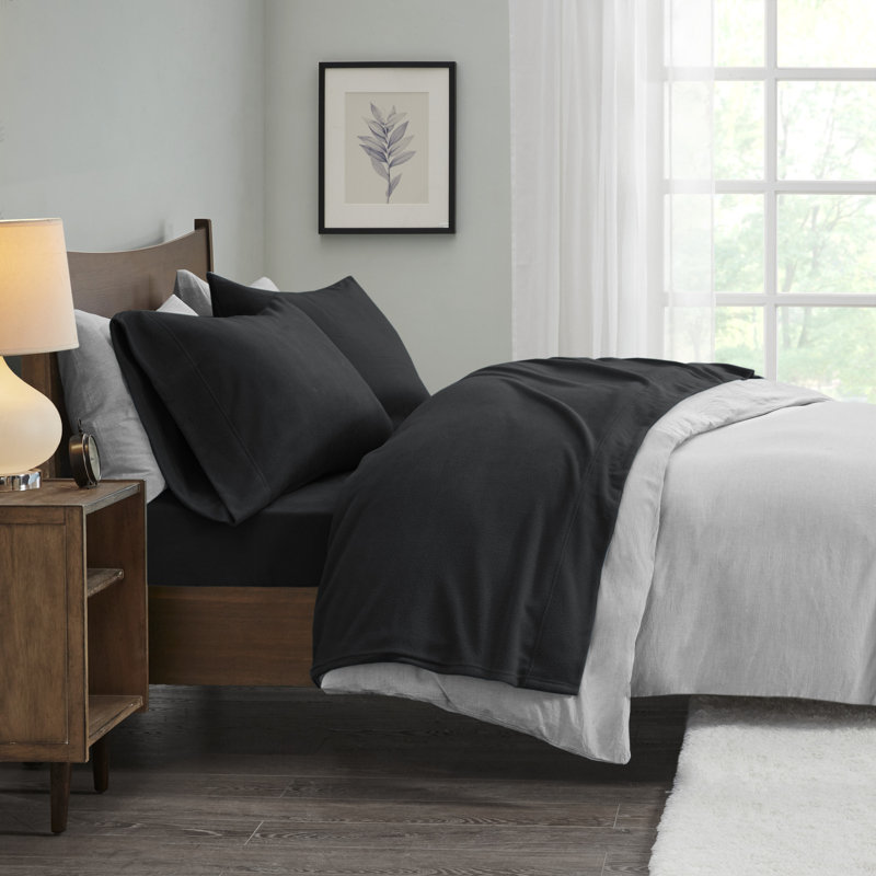 Micro Fleece Sheet Set, Twin Sheet Set with 1 Pillowcase, Black