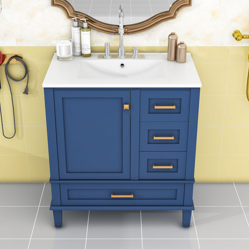 Armoire de meuble-lavabo 30 po à 3 tiroirs, Bleu, Or