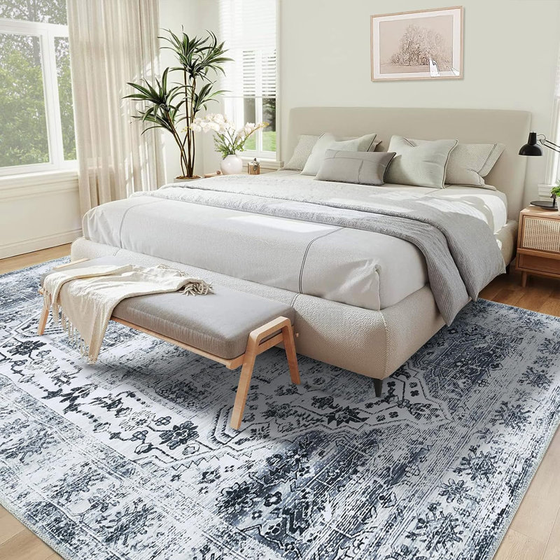 Large 9x12 Vintage Rug Thin Washable Non-Slip TPR Backing Low Pile Foldable Printed Retro Oriental Chenille Mat Soft Non-Shedding Light Brown