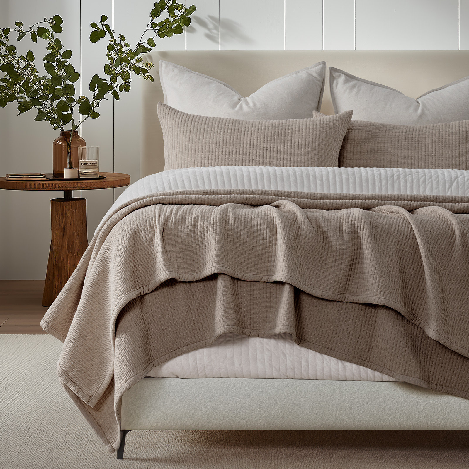 Cotton Gauze Coverlet Set, Queen Quilt + 2 Queen Shams, Mocha Brown