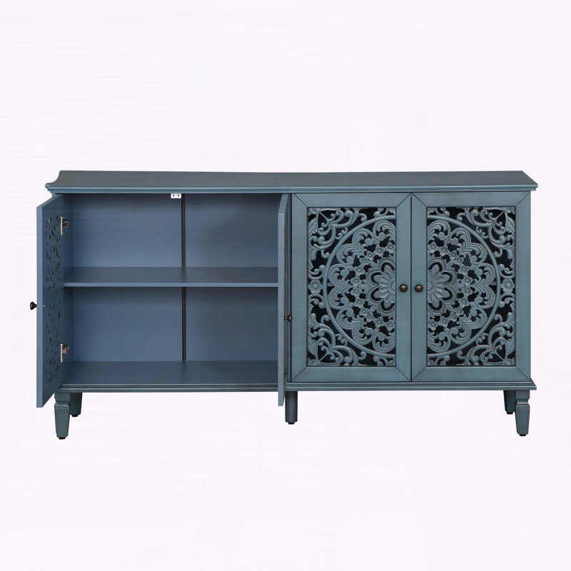 Buffet antique 60 "avec sculptures florales, Bleu antique