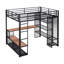 Lit mezzanine double en métal avec rangement en fer et tablettes en MDF et garde-robe ouverte, noir