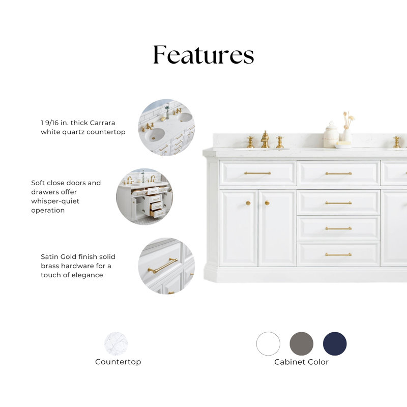 72" Palace Collection Quartz Carrara Cashmere Grey Bathroom Vanity Set With Hardware And F2-0012 Faucets in Chrome Finish