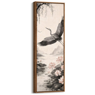 Extra Large Crane Bird Lotus Asian Style Framed Canvas Print Wall Art