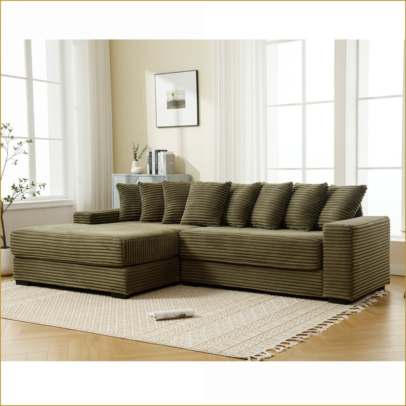 Sectional Sofa, 3-Seat Sage Green Corduroy Left Chaise for Living Rooms | Easy Assembly