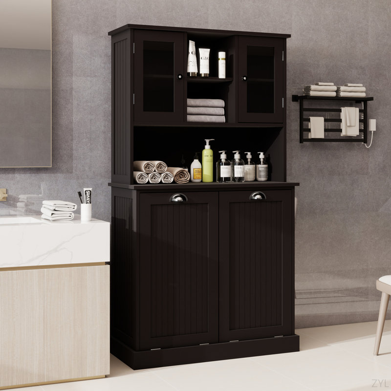Grande armoire de salle de bain à deux compartiments inclinable avec panier à linge et 2 tablettes réglables - noir, Noir mat