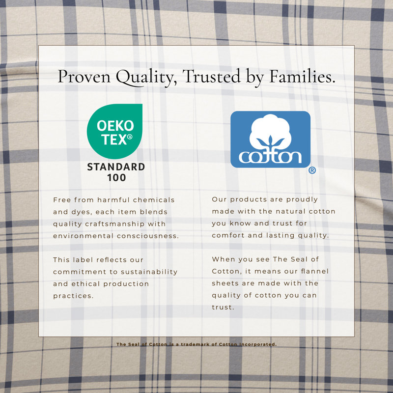100% Turkish Cotton Plaid Flannel Sheet Sets, Full Sheet Set with 2 Pillowcases, Cool Plaid Striped