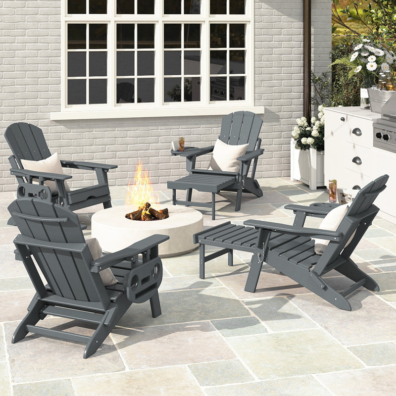 Chaise Adirondack pliante et réglable en PEHD Celese avec repose-pieds, Gris