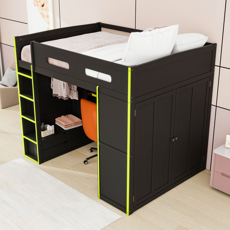 Full Wooden Loft Bed With RGB LED Light, Wardrobe, USB Port And Desk, Green