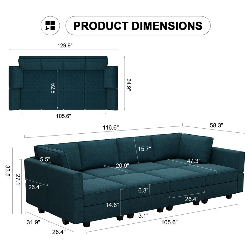 Canapé-lit modulaire Kimbrel Canapé-lit modulaire convertible Canapé-lit modulaire convertible, Mélange de polyester bleu