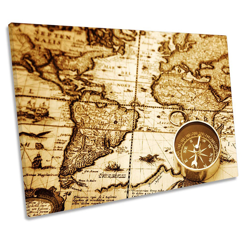 Vintage World Map Compass - Wrapped Canvas Print, 91.4cm H x 137.2cm W x 4cm D