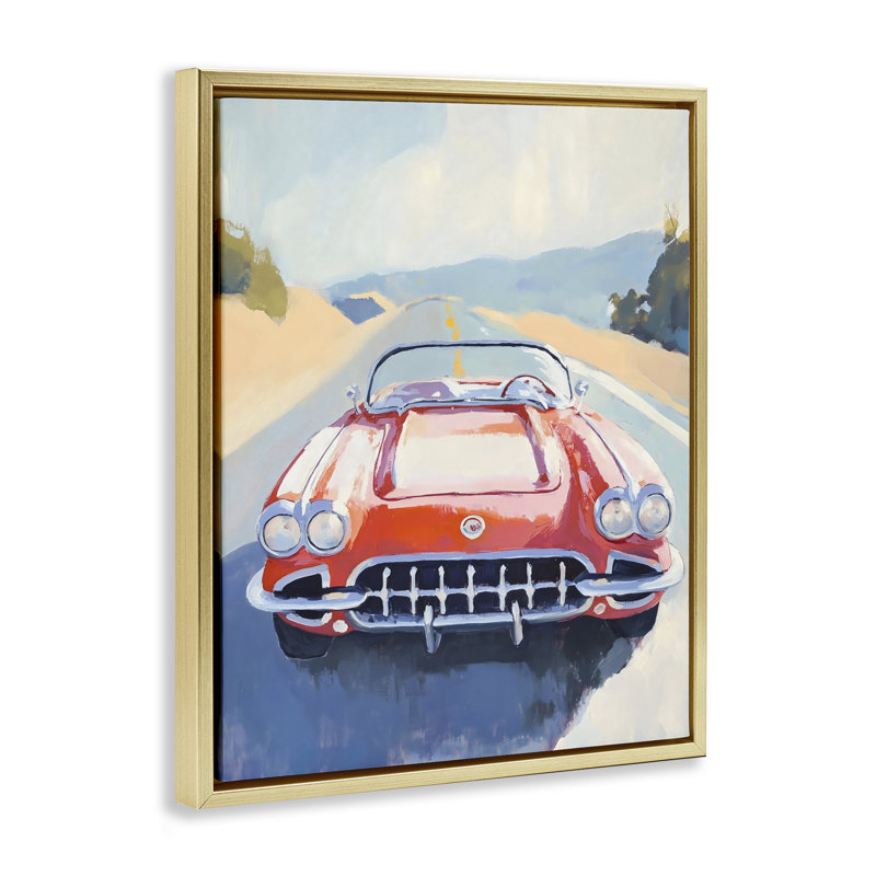 Voiture de sport rouge sur cadre flottant Journey, design par The Prints Vibe, 31 x 25, Metallic Gold Floater Framed