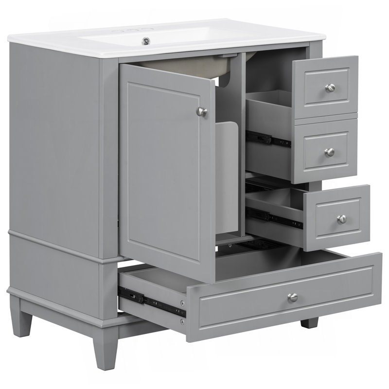 Meuble-lavabo 30 po avec lavabo, une porte avec tablette et trois tiroirs, porte à fermeture douce, gris, Gris