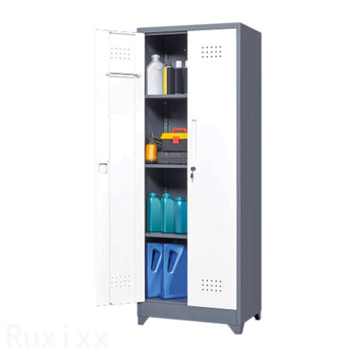 65" H Grey Broom Storage Organizer Cabinet With Locking Doors And Shelves Hanging Rod & S-Hooks Cleaning Tool Storage Cabinet
