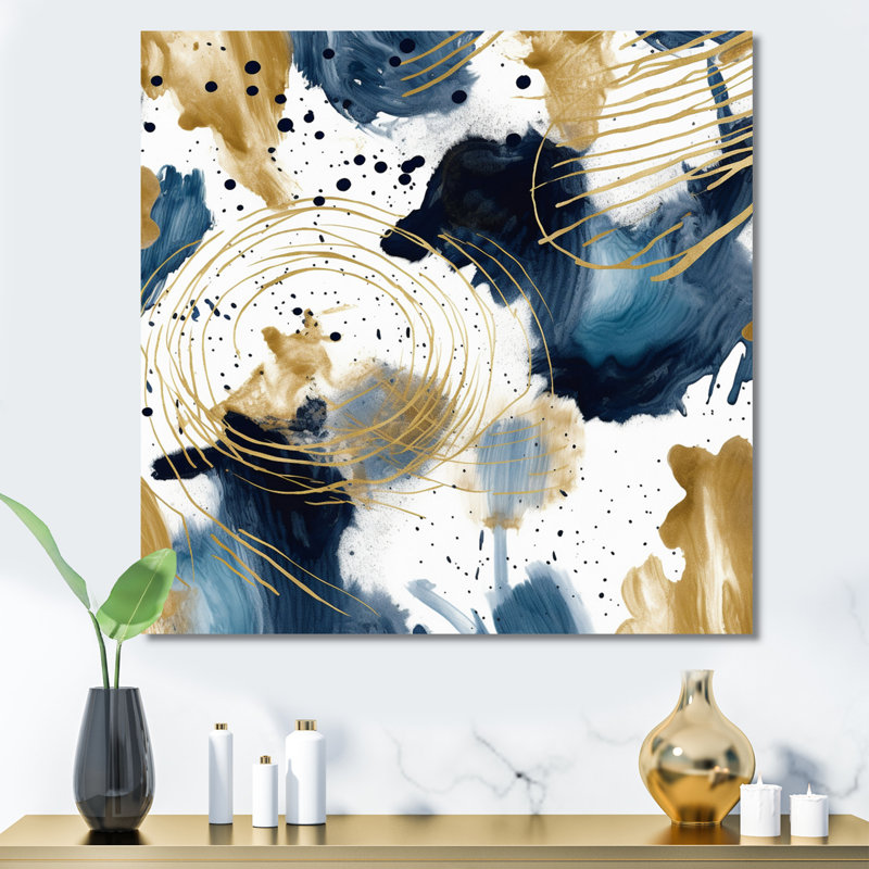 Motif abstrait avec textures bleues et dorées I, H 36 po x l 36 po x P 1,5 po, Toile tendue
