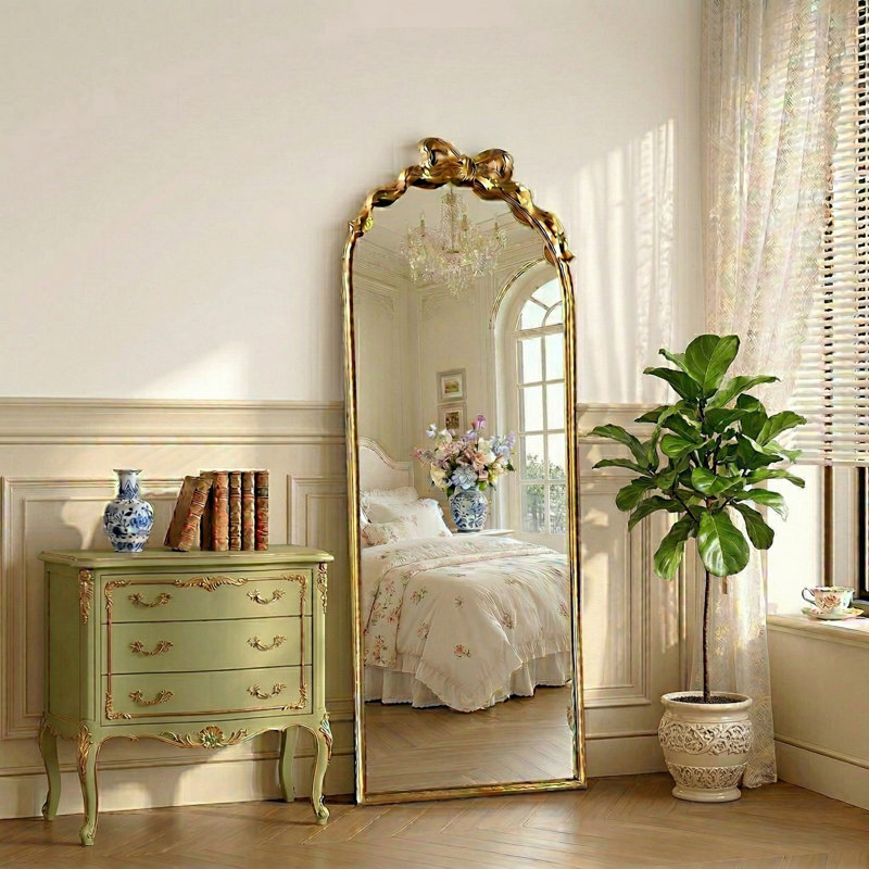 Antique Gold Baroque Arched Floor Mirror With Bow Accent (55" X 21"), 55" x 21"