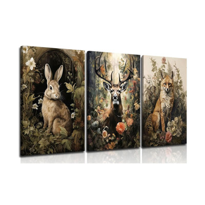 3pcs Vintage Forest Animal Canvas Wall Art Wild Animal Deer Rabbit Fox Paintings Pictures Dark Academia Wall Decor Gothic Botanical Posters Print Artwork for Living Room Office Decor 16x24in