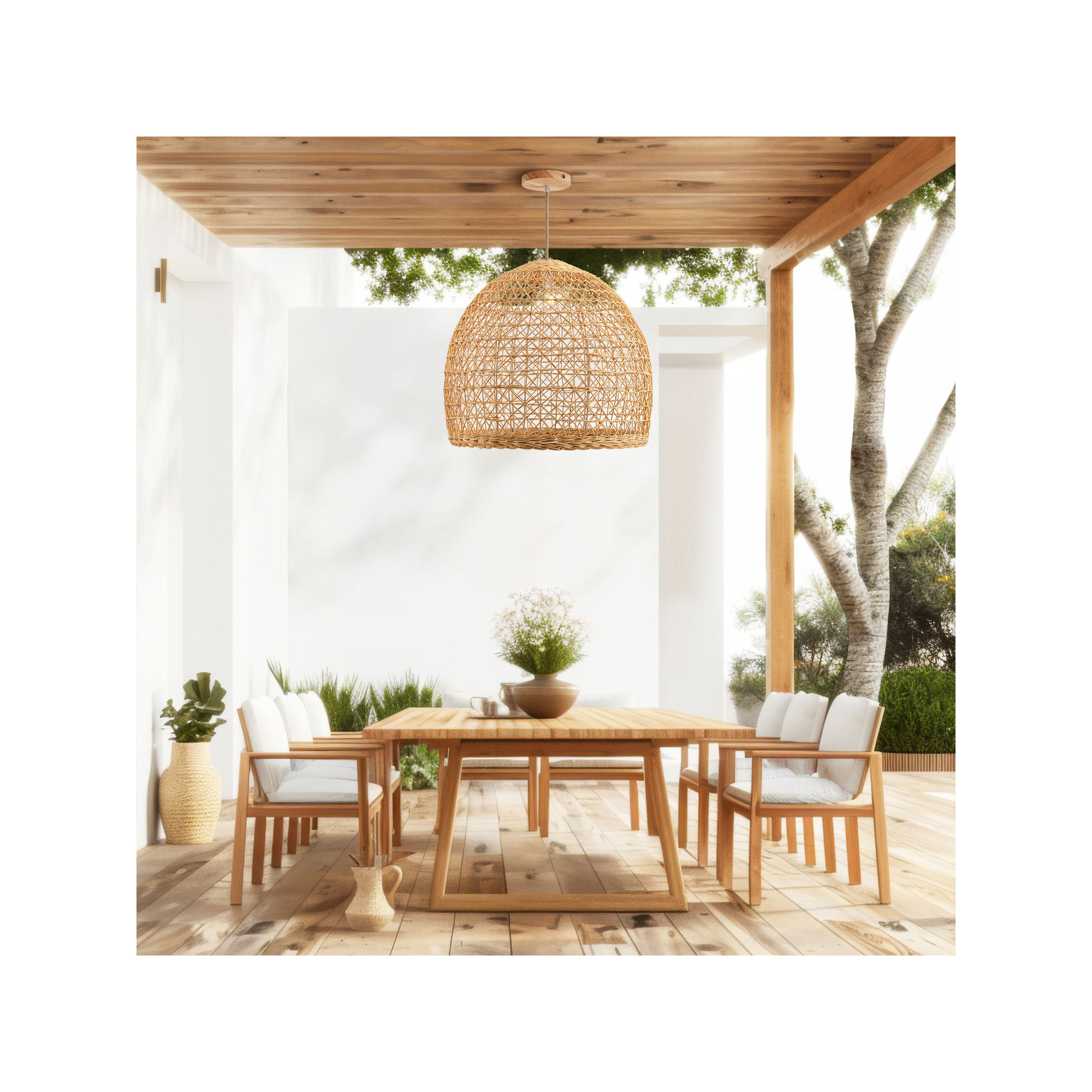 Outdoor Lumiere Dome Rattan Pendant Light, 13" H x 14" W x 14" D