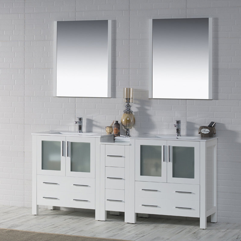 Mance 72.125'' Double Bathroom Vanity with Ceramic Top, Glossy White