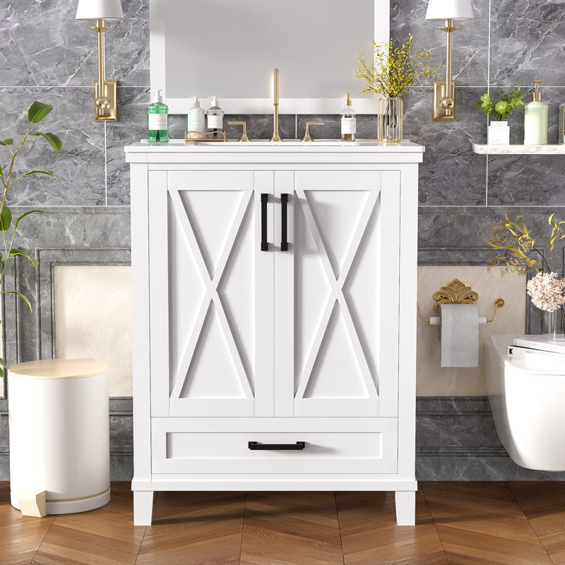 Meuble-lavabo simple 24 po avec plateau en céramique, Blanc, Noir