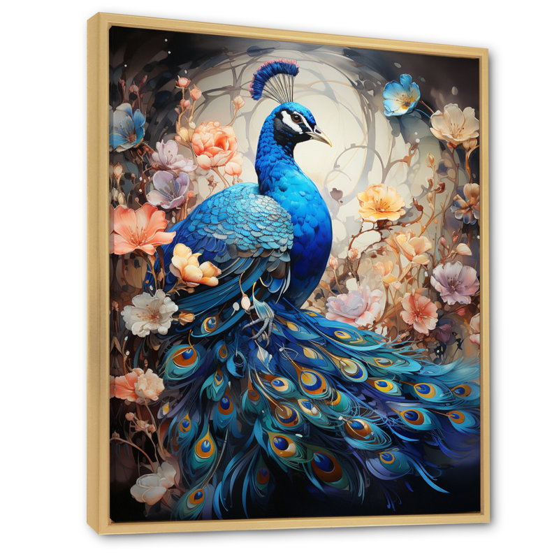 Woodsum Blue Coral Indian Art Dancing Peacock I - Art mural indien, H 20 po x l 12 po x P 1 po, Cadre flottant érable