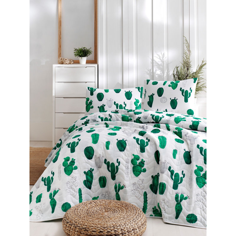 Courtepointe en mélange de coton blanc / vert Esteves Kaktüs, Courtepointe 94 po x 87 po
