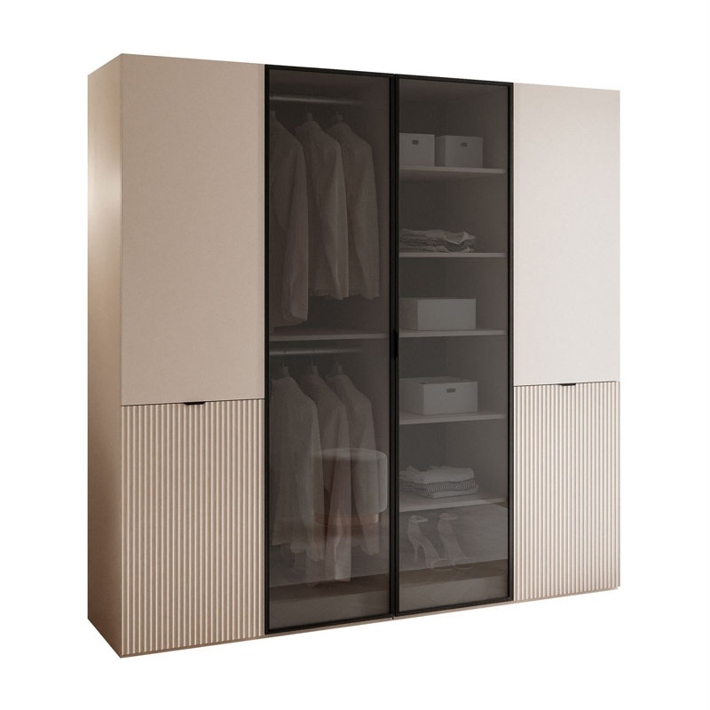 Manufactured Wood Wardrobe, Sandy Beige/Black Glass