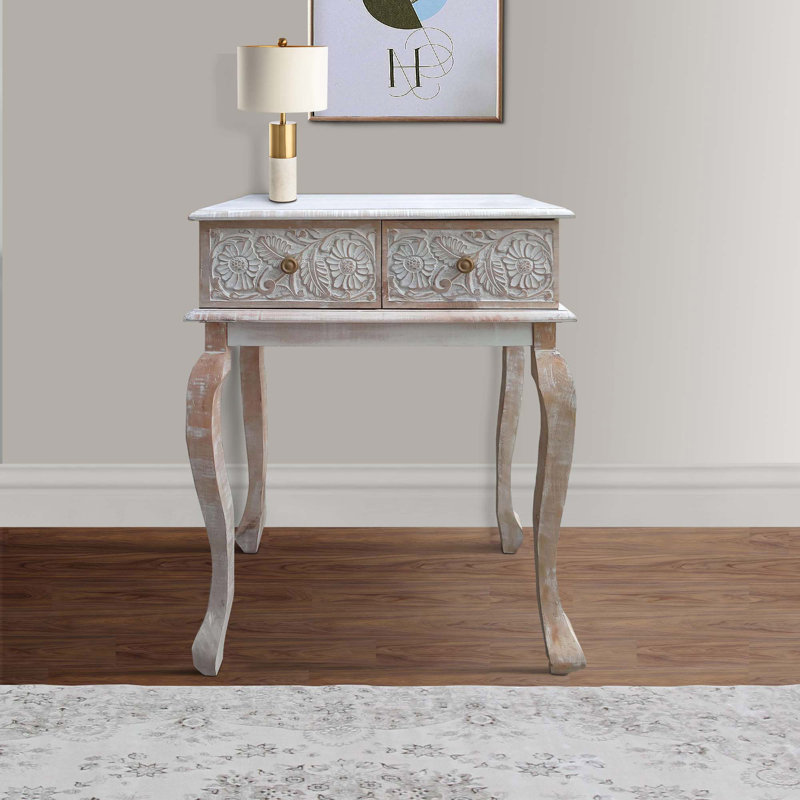 2 Drawer Mango Wood Console Table With Floral Carved Front, Brown And White
