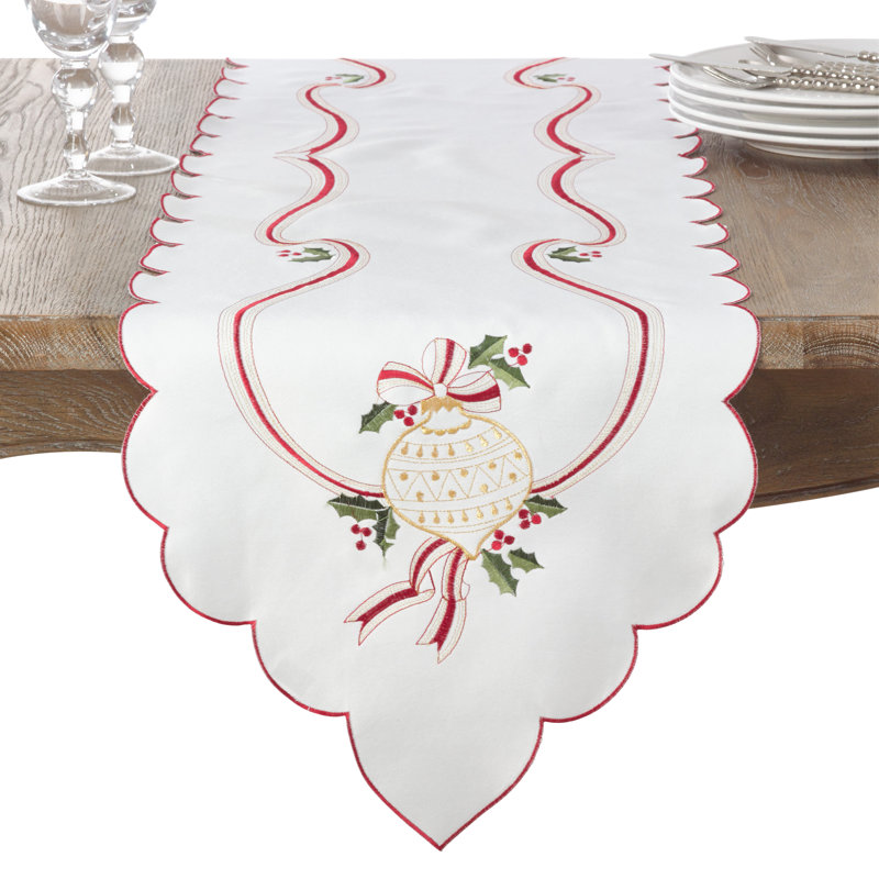 Christmas Holly Embroidered Table Runner, 90" x 15"