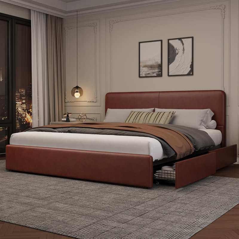 King Upholstered Platform Bed Frame with Headboard & Storage Drawers, Wood Slats, Brown, King