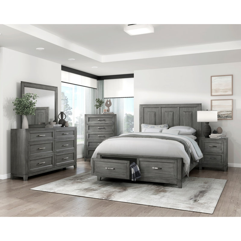 Commode à finition grise avec 5 tiroirs de rangement et meubles de chambre à coucher en bois
