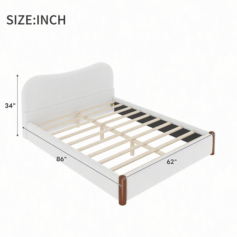 Lit plateforme tapissier avec pieds en bois, Grand lit, Blanc