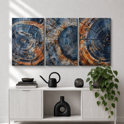 Anneau d'arbre «Œuvre de souche en bois brun marine foncé, photos de cabane de ferme rustique rétro, 3 pièces, impression numérique sur toile, impression numérique sur toile»