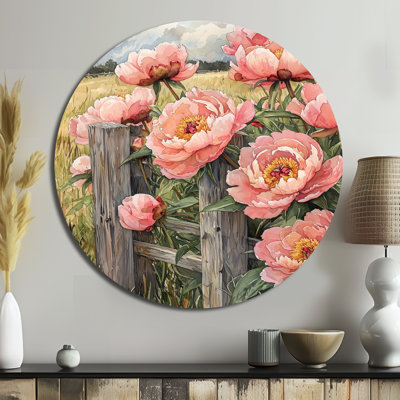 Pivoines à la clôture de la ferme II - reproduction d'art traditionnelle rose en métal, pivoines rondes, art mural en métal