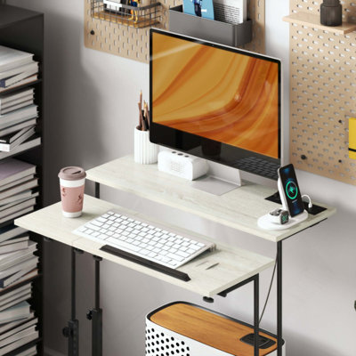 Standing Desk with Power Outlets, Height Adjustable Stand Up Desk with Tiltable Tabletop, Lockable Wheels, Shelf, for Home Office