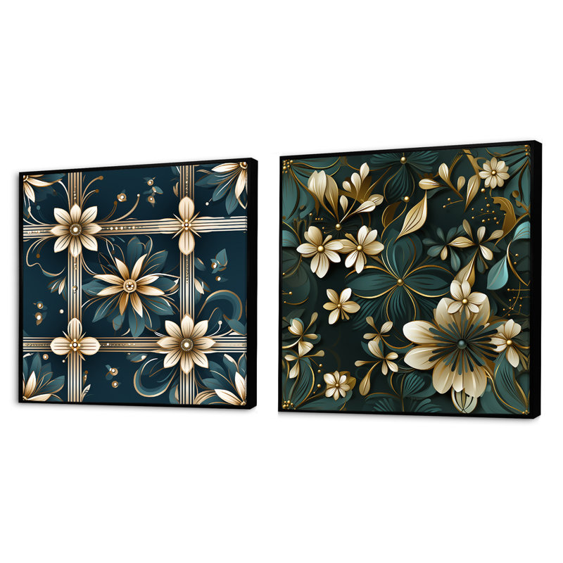 Nandrin - Ensemble de 2 collages carrés botaniques abstraits, Cadre flottant noir, H 30 po x l 61 po
