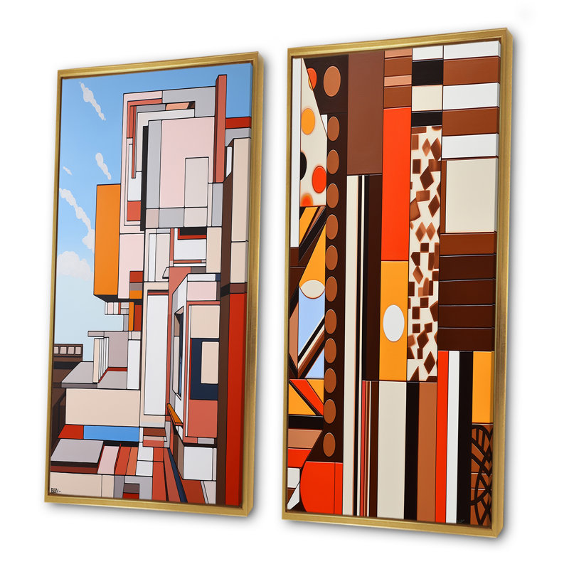 «Cocoa Charm De Stijl Landscape», ensemble de 2 reproductions d'art sur toile, Encadrement doré, H 28 po x l 25 po