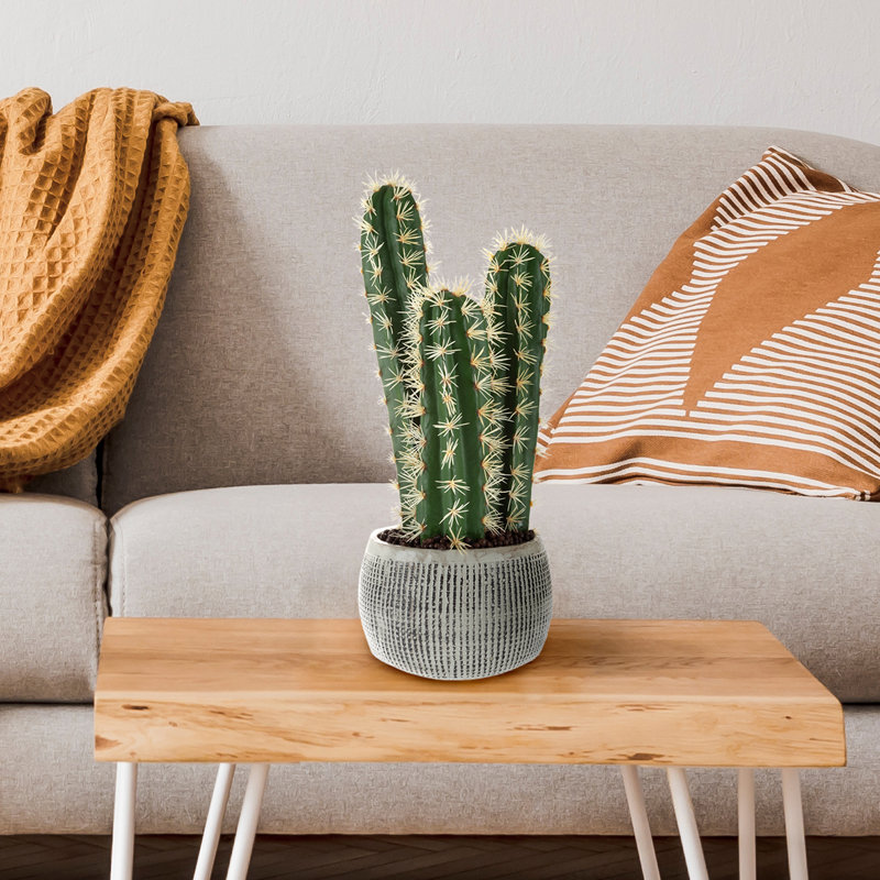 Potted Cactus Fake Plant - 22-inch Artificial Hedge Cactus Succulent in Clay Fiber Pot with Realistic Spikes for Home or Office Decor