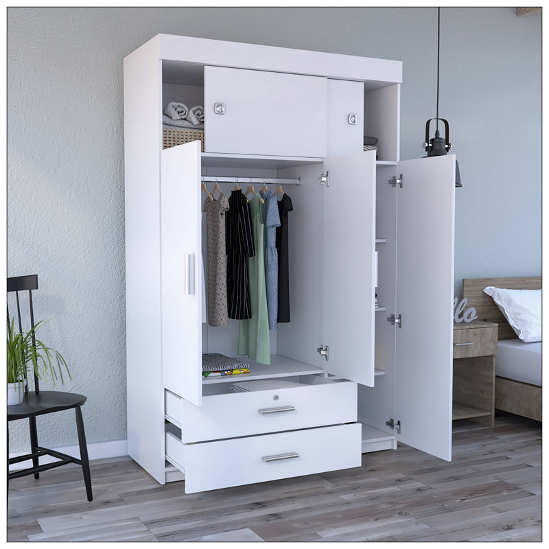 Armoire Chili, tringle, armoire à trois portes, deux tiroirs, deux tablettes réglables supérieures, quincaillerie en métal