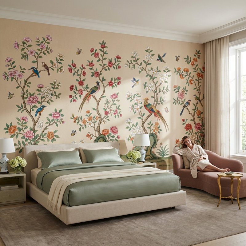 Papier peint floral, oiseaux, décor mural oriental amovible, 140" x 108", Peler et coller