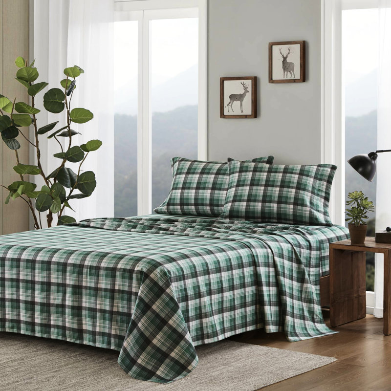4 pièces pour lit double 100% flanelle de coton à carreaux simple / double taille ajustée l 39 po x L 75 po + P 12 po grand / très grand avec garniture plate et coussins brossés des deux côtés pour une douceur luxueuse élastiquée - taies d'oreiller
