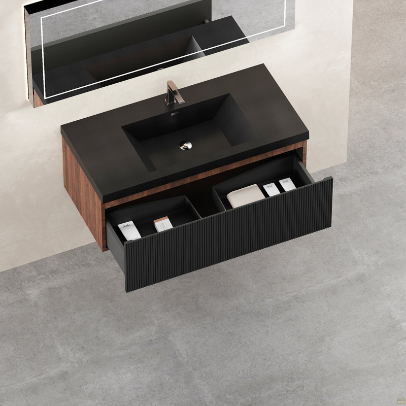 Meuble-lavabo flottant 42 po avec lavabo, meuble-lavabo mural rayé avec tiroirs à fermeture en douceur et cuve à quartz noir, entièrement assemblé