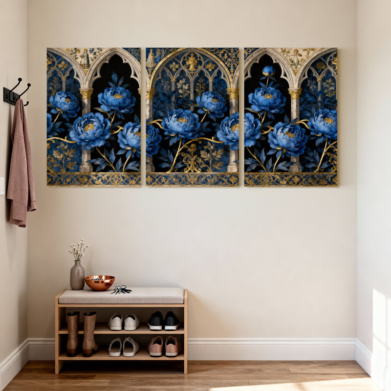 Plantes et fleurs fleurs bleues arche gothique or ensemble de 3 impressions sur toile, H 30 po x l 20 po