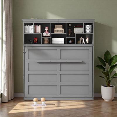 Grand lit escamotable mural avec tablettes supérieures et USB