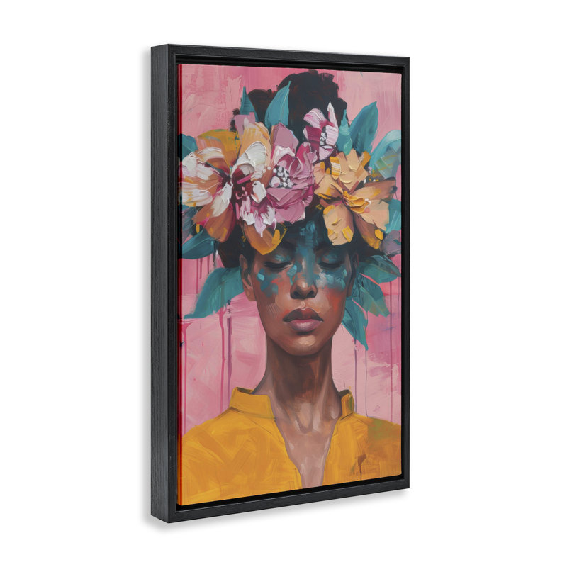 Femme avec cadre flottant coiffe florale, design par LSR Design Studio, H 25 po x l 17 po, Cadre flottant noir de jais