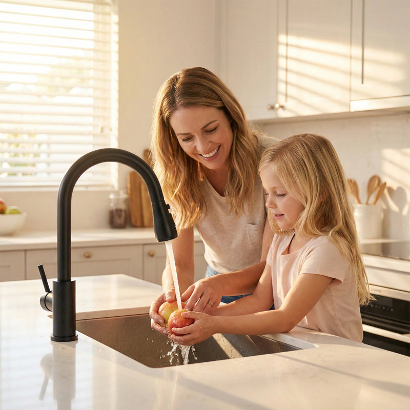 15.35 In. Single Handle Pull Down Sprayer Kitchen Faucet Commercial Sink With 360° Swivel Spout & Deck Plate, Matte Black