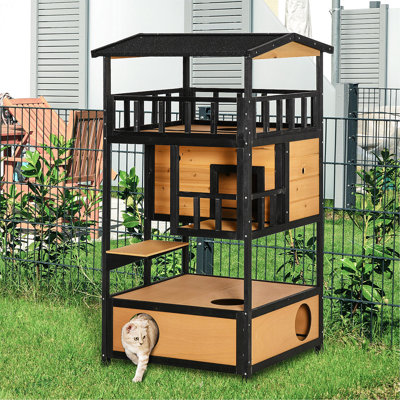 Yellow Outdoor Cat House By , Wooden Shelter With , Escape Doors, Jumping Platform For 10 Lbs Perceptive Cats - Yellow, Asphalt Roof,