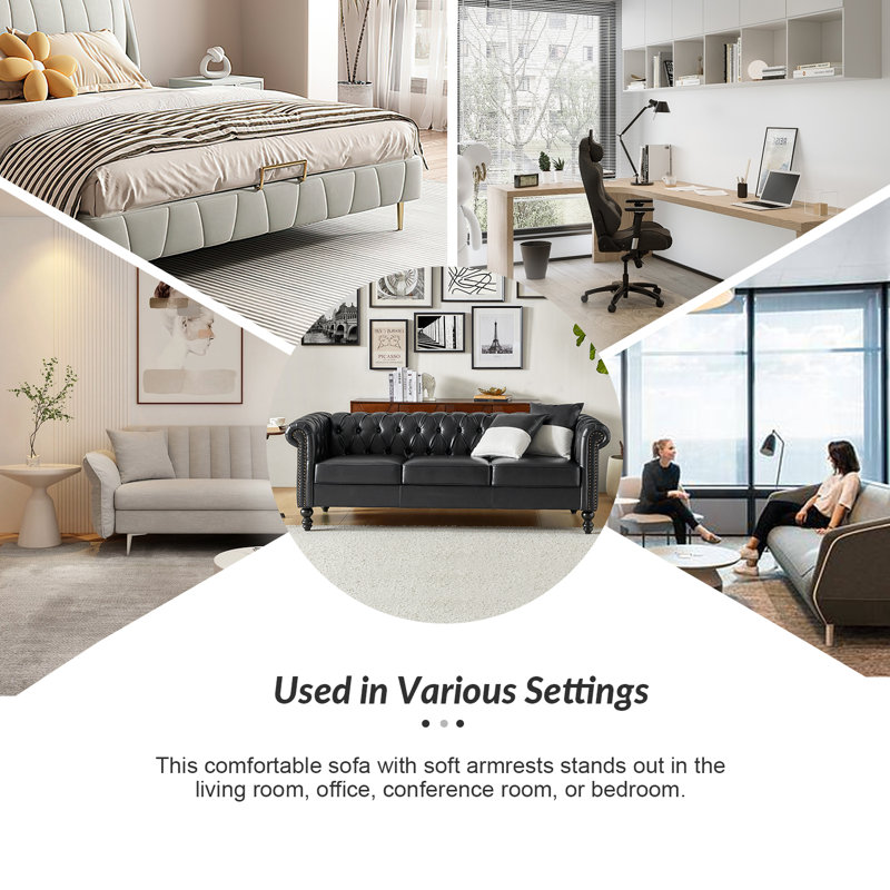 Tecla 84.5" W Traditional Faux Leather Rolled Arm Sofa with Nailhead and Button-tufted, Black